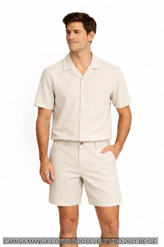 [ROOLINMC2601BEI-S] CAMISA MANGA CORTA ROOSEVELT LINO 2601 (Beige, S)